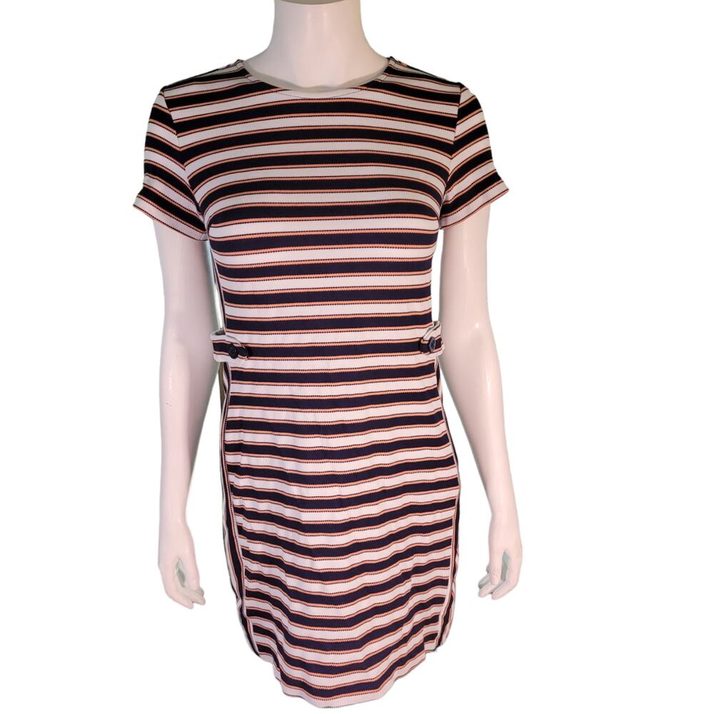 Banana Republic Ribbed Striped Mini Dress Sz 4P Navy Rust White Textured Bodycon